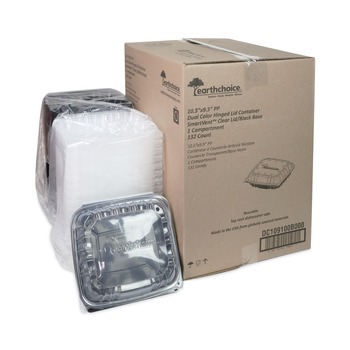 Pactiv Corp. DC109100B000 EarthChoice 1 Compartment 66 oz. 10.5 in. x 9.5 in. x 3 in. Plastic Vented Dual Color Microwavable Hinged Lid Container - Black/Clear