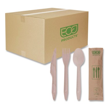 CUTLERY KITS | Eco-Products EP-S215 General Purpose Fork/Knife/Napkin/Spoon Wood Cutlery - Natural (500/Carton)