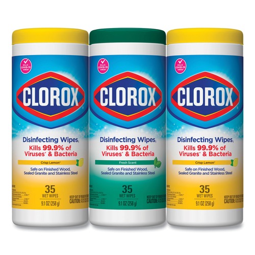 Cleaning Cloths & Wipes | Clorox 30112 7 in. x 8 in. 1-Ply Disinfecting Wipes - Fresh Scent/Citrus Blend, White (35/Canister, 3 Canisters/Pack) image number 0