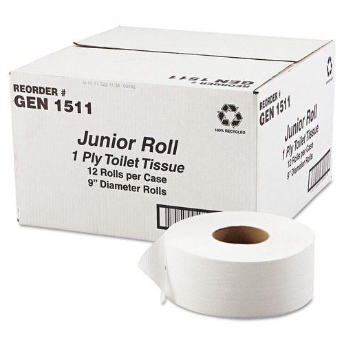 Toilet Tissues | GEN G1511 3.3 in. x 1200 ft. 1-Ply JRT Septic Safe Jumbo Bath Tissue - White (12/Carton) image number 0