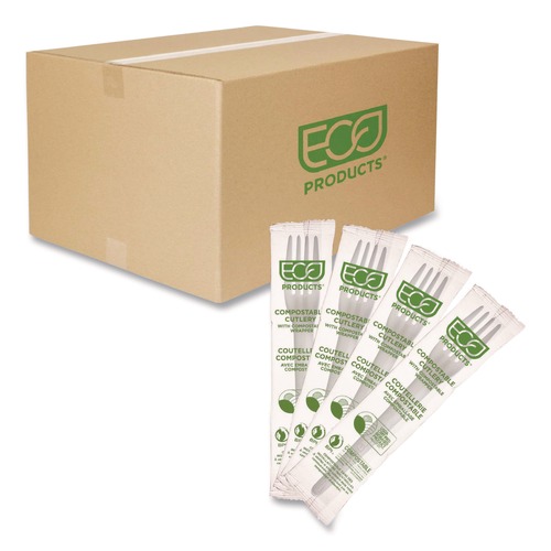 Disposable Forks | Eco-Products EP-S017-W Individually Wrapped Plantware CPLA Cutlery Fork - White (1000/Carton) image number 0