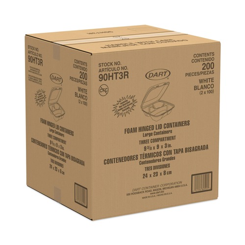 Food Containers & Lids | Dart 90HT3R 9 in. x 9.4 in. x 3 in. 8 oz. 3-Compartment Foam Hinged Lid Container - White (200/Carton) image number 0