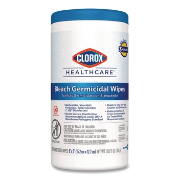 Clorox Healthcare 30577 6 in. x 5 in. 1-Ply Bleach Germicidal Wipes - Unscented, White (150/Canister)