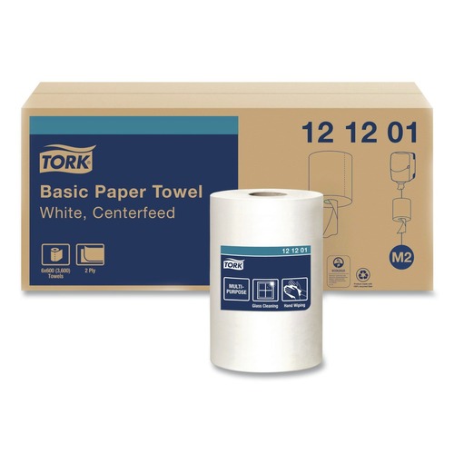 Perforated Roll & Hand Towels | Tork 121201 2 Ply 9 in. x 11.8 in. Advanced Centerfeed Hand Towel - White (6/Carton) image number 0