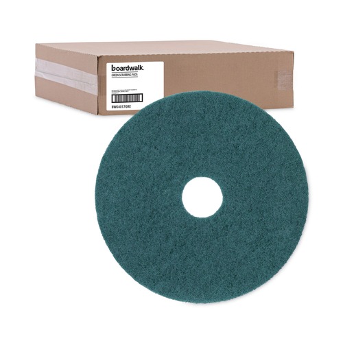Floor Pads-Stripping | Boardwalk BWK4017GRE 17 in. Diameter Heavy-Duty Scrubbing Floor Pads - Green (5/Carton) image number 0