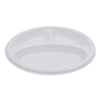 Boardwalk BWKPLTHIPS10WH3 10 in. Diameter 3-Compartment Hi-Impact Plastic Dinner Plates - White (500/Carton)