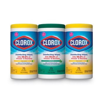 Clorox 30208 7 in. x 8 in. 1-Ply Disinfecting Wipes - Fresh Scent/Citrus Blend, White (75/Canister, 3 Canisters/Pack)