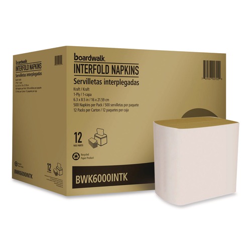 Dispenser Napkins | Boardwalk BWK6000INTK 6.3 in. x 8.5 in. 1-Ply Interfold Napkins - Kraft (12/Carton) image number 0