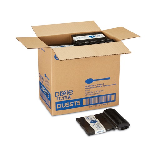 Disposable Spoons | Dixie DUSST5 SmartStock Mediumweight Polystyrene Teaspoons Tri-Tower Dispensing System Cutlery - Black (960/Carton) image number 0