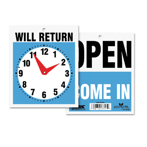 Business & Erasable-Surface Signage | Headline Sign 9382 7.5 in. x 9 in. Plastic Double-Sided Open/Will Return Sign with Clock Hands image number 0