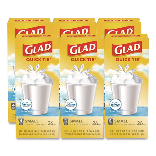 Drawstring & Kitchen Bags | Glad 78812 OdorShield 8 in. x 18 in. 4 Gallon Tie-Flap Quick-Tie Small Trash Bags - White Febreze Fresh Clean Scent (156/Carton) image number 0