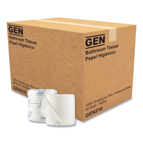 Perforated Roll & Hand Towels | GEN GN218 1-Ply Septic Safe Individually Wrapped Rolls Standard Bath Tissue - White (1000 Sheets/Roll, 96 Wrapped Rolls/Carton) image number 0