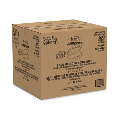 Food Containers & Lids | Dart 99HT1R 5.3 in. x 9.8 in. x 3.3 in. Foam Hinged Lid Hoagie Container with Removable Lid - White (500/Carton) image number 0