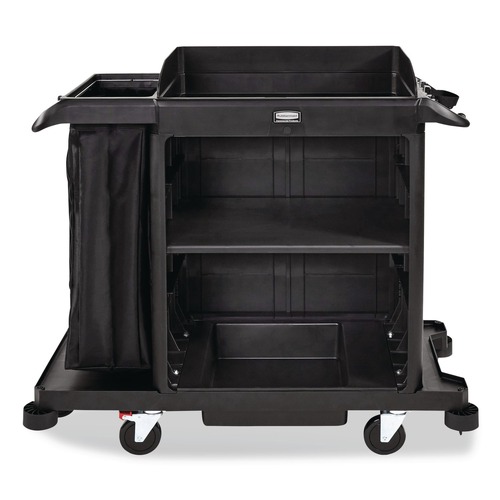 Janitorial & Housekeeping Carts | Rubbermaid Commercial 2202585 23 in. x 53.12 in. x 19.1 in. 3-Shelf Compact Plastic Housekeeping Cart - Black image number 0