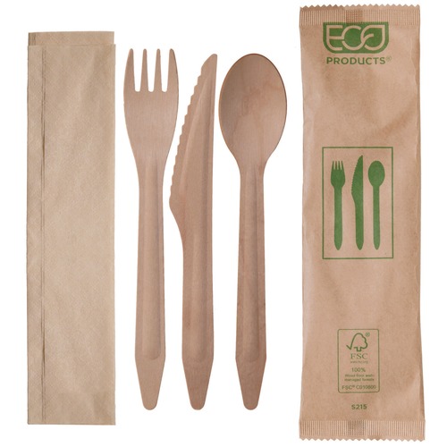 Cutlery Kits | Eco-Products EP-S215 General Purpose Fork/Knife/Napkin/Spoon Wood Cutlery - Natural (500/Carton) image number 0