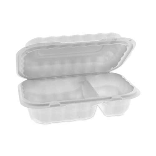 Food Containers & Lids | Pactiv Corp. YCN809620000 9 in. x 6 in. x 3 in. 2-Compartment EarthChoice SmartLock Microwavable MFPP Plastic Hinged Lid Container - White (270/Carton) image number 0