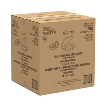 Dart 90HT3R 9 in. x 9.4 in. x 3 in. 8 oz. 3-Compartment Foam Hinged Lid Container - White (200/Carton)