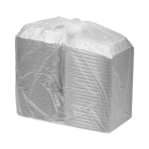 Food Containers & Lids | Pactiv Corp. YCNW0853 EarthChoice 8.5 x 8.5 x 3.1 3-Compartment Plastic Vented Microwavable MFPP Hinged Lid Container - White (146/Carton) image number 0