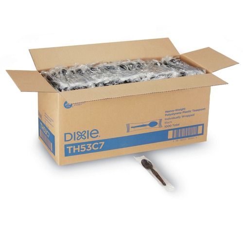 Disposable Spoons | Dixie TH53C7 Individually Wrapped Heavyweight Polystyrene Teaspoons - Black (1000/Carton) image number 0