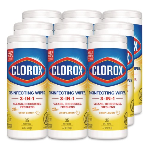 Cleaning Cloths & Wipes | Clorox 01594 7 in. x 8 in. 1-Ply Disinfecting Wipes - Crisp Lemon, White (35/Canister, 12 Canisters/Carton) image number 0