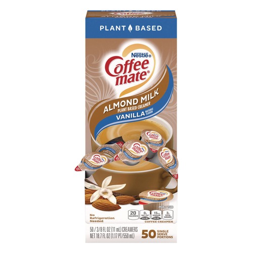 Creamers | Coffee-Mate 12461537 0.38 oz Mini Cups Plant-Based Almond Milk Non-Dairy Liquid Creamer Singles - Natural Vanilla (50/Box) image number 0
