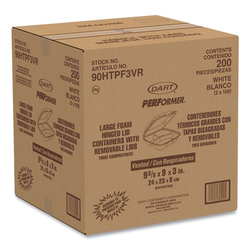Perforated Roll & Hand Towels | Dart 90HTPF3VR 9.01 in. x 9.4 in. x 3.1 in. 3-Compartments Insulated Foam Hinged Lid Containers - White (200/Carton) image number 0