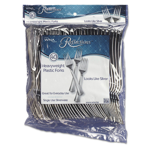 Disposable Forks | WNA WNA REF320FK Reflections Heavyweight Plastic Utensils Fork - Silver (320/Carton) image number 0