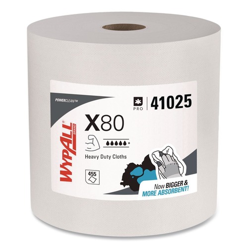 Perforated Roll & Hand Towels | WypAll 41025 12.4 in. x 12.2 in. Power Clean Jumbo Roll X80 Heavy Duty Cloths - White (475/Roll) image number 0