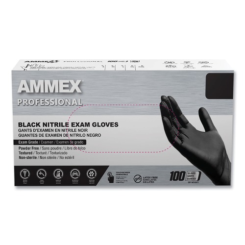 Janitorial Disposable & Single Use Gloves | Ammex ABNPF42100 Nitrile Exam Gloves, Powder-Free, 3 mil, Small, Black, 100/Box, 10 Boxes/Carton image number 0