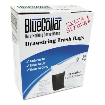 DRAWSTRING AND KITCHEN BAGS | BlueCollar N4828EW RC1 24 in. x 28 in. 13 Gallon 0.8 mil Drawstring Trash Bags - White (80/Box)