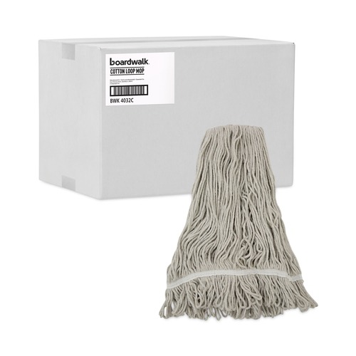 Mop Heads | Boardwalk BWK4032C No. 32 Loop Web/Tailband Value Standard Cotton Mop Head - White (12/Carton) image number 0