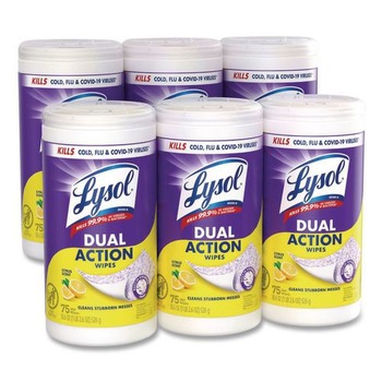 LYSOL Brand 19200-81700 7 in. x 7.5 in. 1-Ply Dual Action Disinfecting Wipes - Citrus, White/Purple (6 Canisters/Carton)