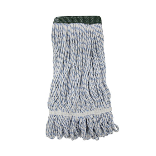 Mop Heads | Boardwalk BWK552 Rayon/Polyester Wide Floor Finish Mop Head - Medium, White/Blue (12/Carton) image number 0