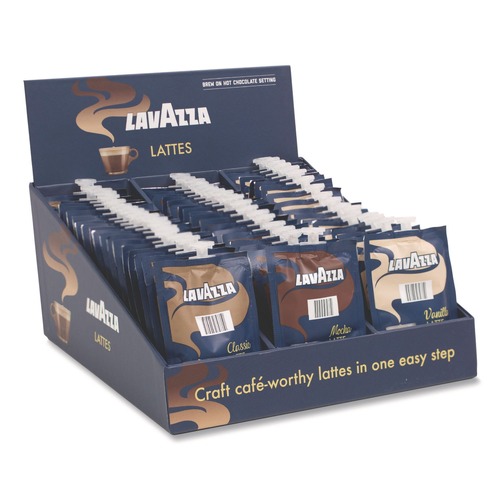 Coffee - Caffeinated | Lavazza 48728 Classic/Mocha/Vanilla Freshpacks Latte Merchandiser Kit (54/Carton) image number 0