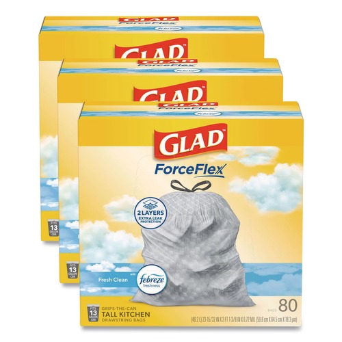 Drawstring & Kitchen Bags | Glad 78899 ForceFlex 24 in. x 27.38 in. 13 Gallon Kitchen Drawstring Trash Bags - Fresh Clean Scent/White (240/Carton) image number 0