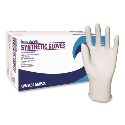 Food Service Disposable & Single Use Gloves | Boardwalk BWK315MBX 4 mil Powder-Free Synthetic Vinyl Gloves - Medium, Beige (100/Box) image number 0