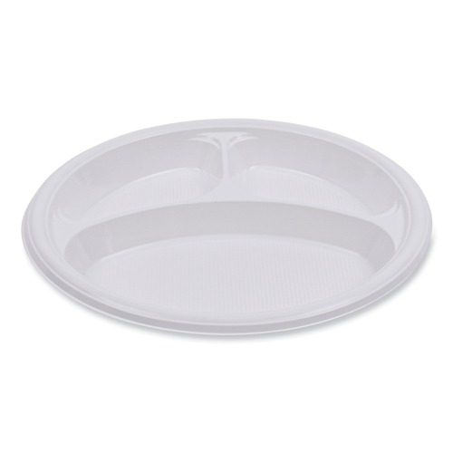 Plates | Boardwalk BWKPLTHIPS10WH3 10 in. Diameter 3-Compartment Hi-Impact Plastic Dinner Plates - White (500/Carton) image number 0