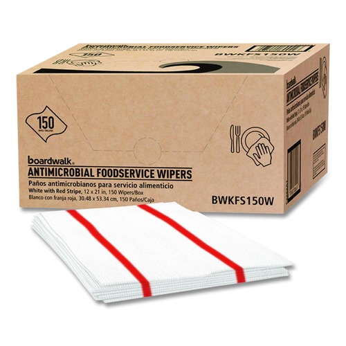 Cleaning Cloths & Wipes | Boardwalk 3282 1-Ply 12 in. x 21 in. Antimicrobial Foodservice Wipers - Red/White (150/Carton) image number 0