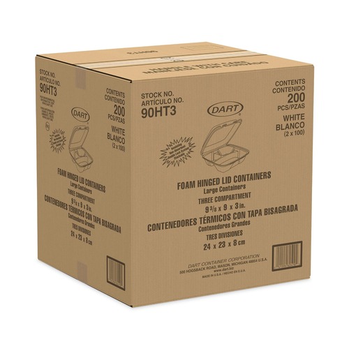 Food Containers & Lids | Dart 90HT3 9 in. x 9.4 in. x 3 in. 3 Compartments Insulated Foam Hinged Lid Containers - White (200/Carton) image number 0
