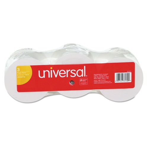 Perforated Roll & Hand Towels | Universal UNV35720 16 lbs. 1/2 in. Core 2-1/4 in. x 150 ft. Adding Machine/Calculator Roll - White (3/Pack) image number 0