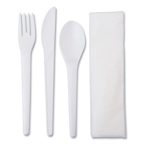 Cutlery Kits | Eco-Products EP-S015 Plantware Compostable Fork/Knife/Napkin/Spoon Cutlery Kit - Pearl White (250/Carton) image number 0