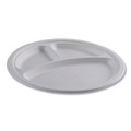 Plates | Eco-Products EP-P007NFA Vanguard 10 in. diameter 3-Compartment Renewable and Compostable Sugarcane Plates - White (500/Carton) image number 1