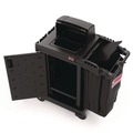 Perforated Roll & Hand Towels | Suncast Commercial CCH255A 23.19 in. x 53.23 in. x 53.02 in. 1-Shelf 3 Bins Plastic High Security Housekeeping Cart - Black image number 3