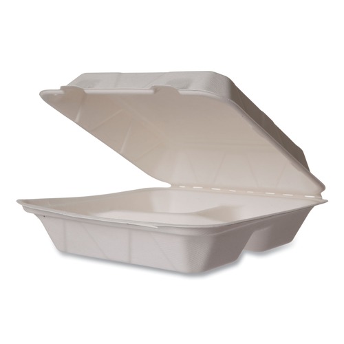 Food Containers & Lids | Vegware WHBRG-9-3 HW 9 in. x 18 in. x 2 in. Molded Fiber Compostable Sugarcane 3-Compartment Clamshell Containers - White (200/Carton) image number 0
