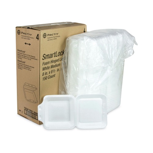 Food Containers & Lids | Pactiv Corp. YHLW08010000 SmartLock 8 in. x 8 in. x 3 in. Medium Foam Hinged Lid Container - White (150/Carton) image number 0
