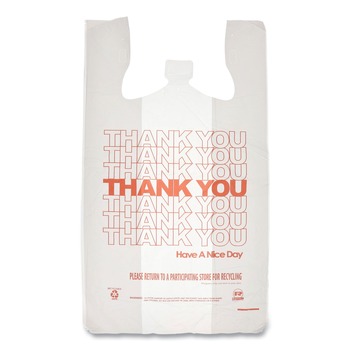 T SACKS AND THANK YOU BAGS | AmerCareRoyal RPTYB6FS 13 in. x 23 in. x 23 in. Thank You - Have a Nice Day Labeling Cut-Out Handles Thank You Bags - White/Red (1000/Carton)