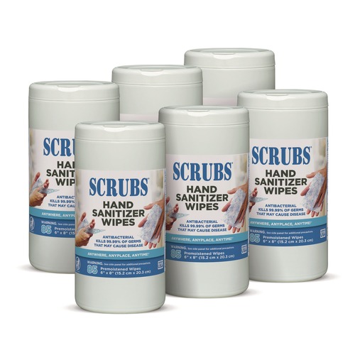 Hand Sanitizing Wipes | SCRUBS 90985 1 Ply 6 in. x 8 in. Unscented Hand Sanitizer Wipes - Blue/White (6/Carton) image number 0