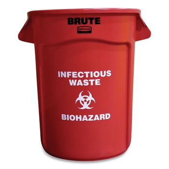 WASTE RECEPTACLES | Rubbermaid Commercial SMFG263200RED Brute 32 gal (Infectious Waste: Biohazard) Imprint Plastic Vented Container - Round Red