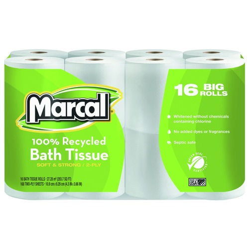 Perforated Roll & Hand Towels | Marcal 16466 2 Ply Septic Safe 4 in. x 4 in. 100% Recycled Bath Tissues - White (16/Pack) image number 0