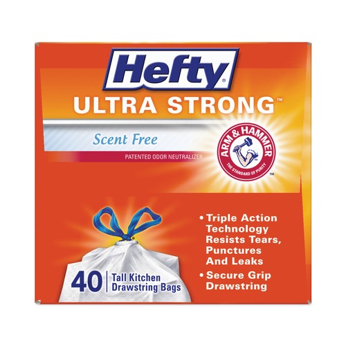 Drawstring & Kitchen Bags | Hefty E8-8338 Ultra Strong 23.75 in. x 24.88 in. 13 gallon Drawstring Extra Heavy-Duty Tall Kitchen Trash Bags - White (240/Carton) image number 0